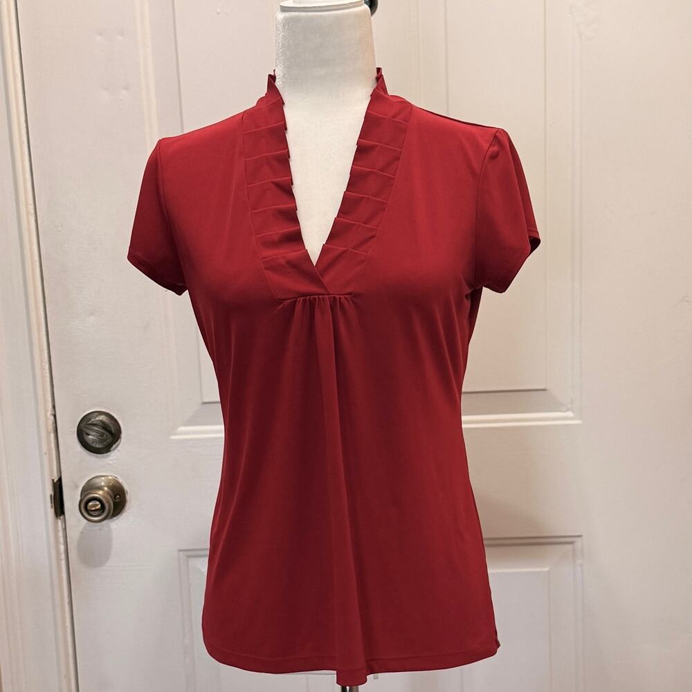Vintage Suzie Y2K Red Accordion Pleated Ruffle V-Neck Blouse Size 8 power color